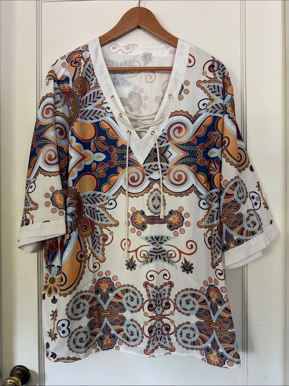 Amazon mens Cream Lace-Up V-Neck Boho Tunic with Blue and Tan Print